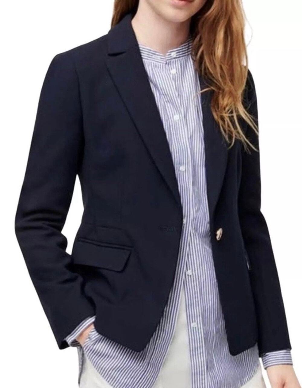 J.Crew Navy Tailored Single-Button Blazer Striped Lining Pleated Back Size 6
